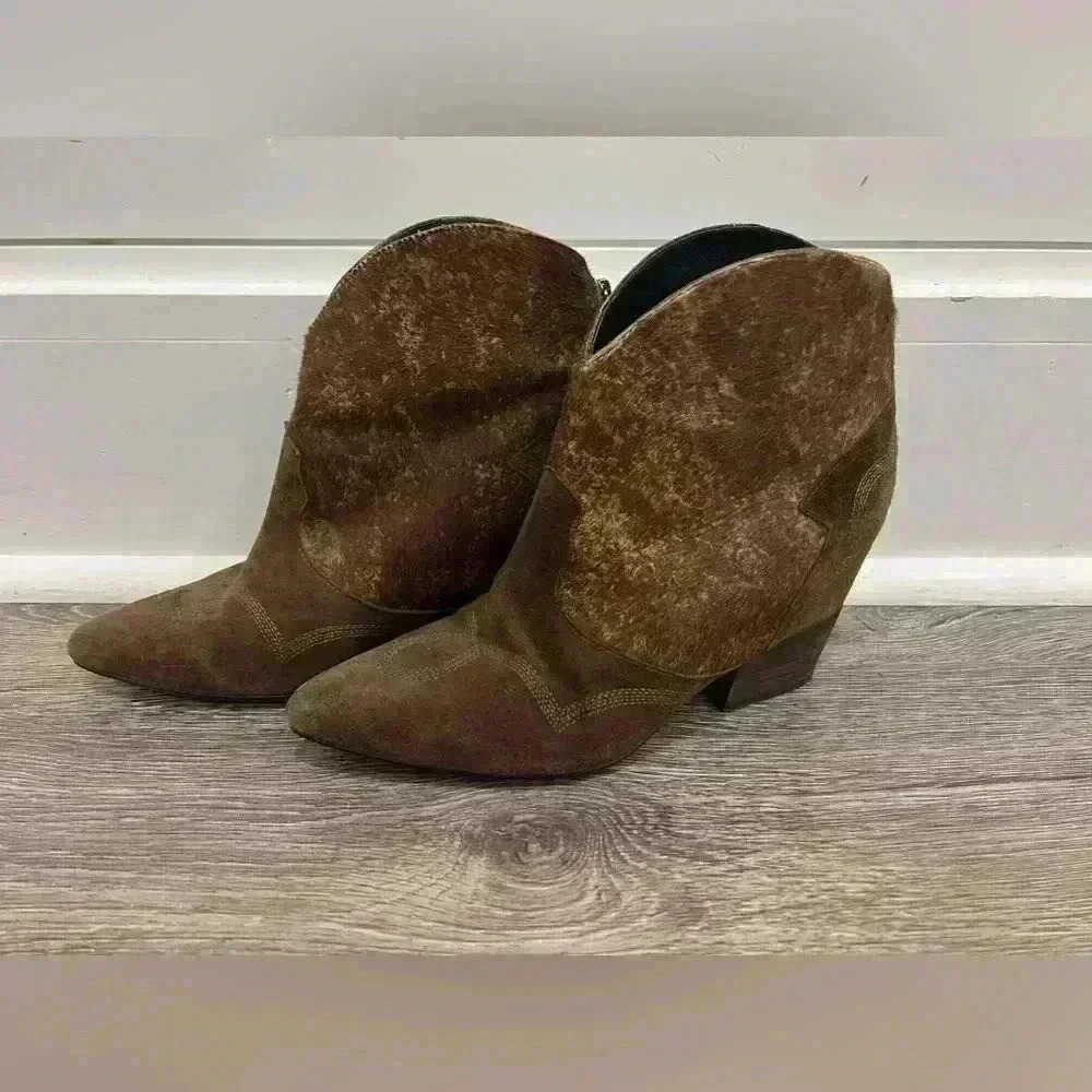 Lola Cruz brown calf hair western style heeled booties Cowboy boots
